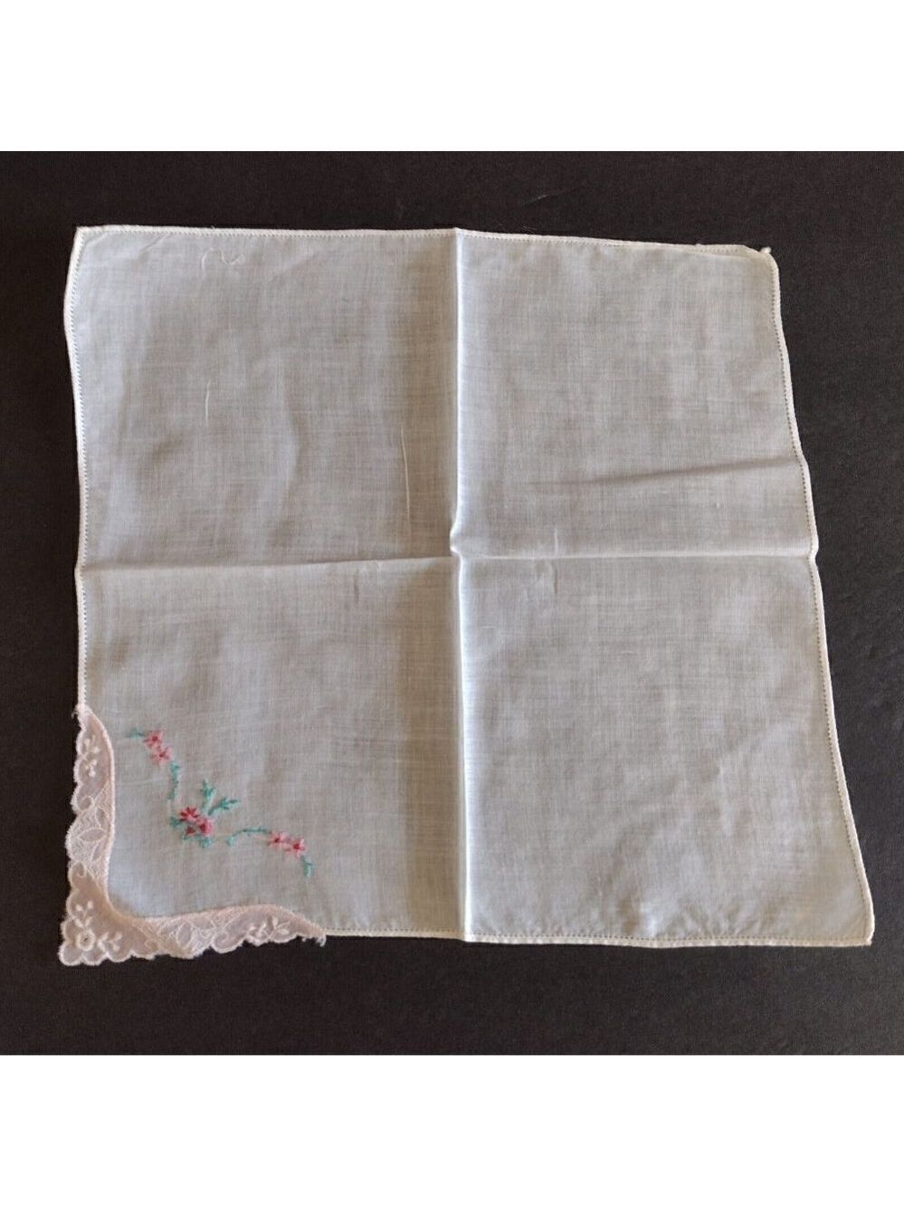 Vintage Hankie Hankerchief Cotton Embroidered Pink Green Floral Lace Corner